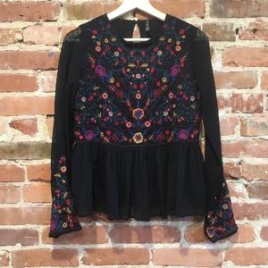 Zara Embroidered Sheer Dot Sleeve Blouse Babydoll